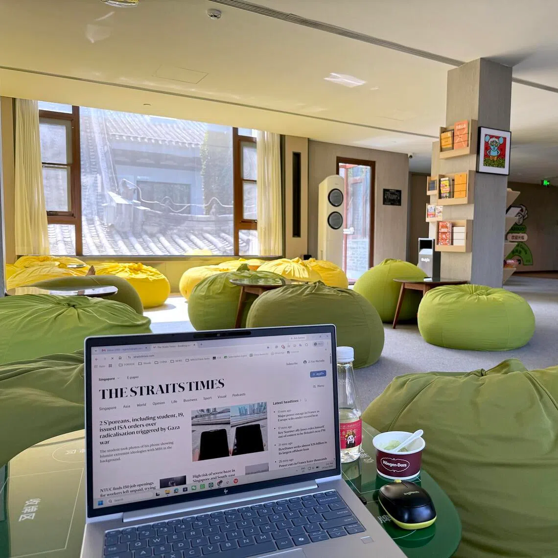 The writer spent a day at Shui Guo in Beijing in June, lounging on beanbags while working on her laptop.