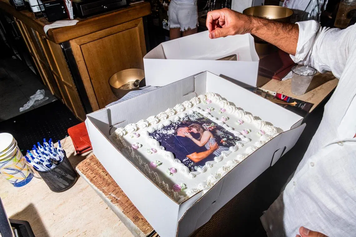 A sheet cake with an image of pop star Taylor Swift and football player Travis Kelce to celebrate their wedding, at a restaurant and bar in New York on July 3.