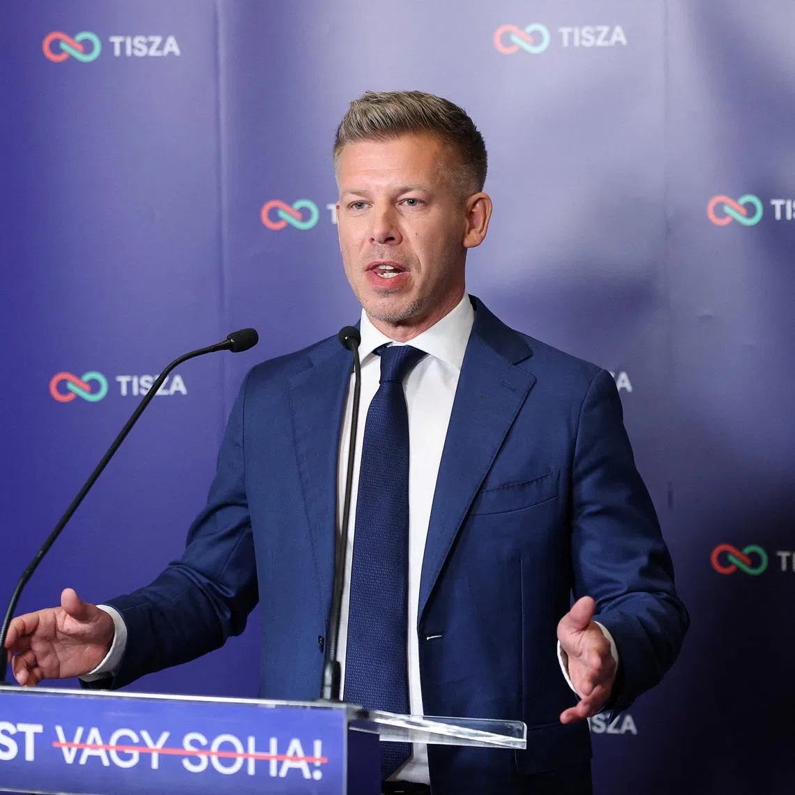 Peter Magyar, leader of the opposition Tisza party, speaking during a press conference on April 12, 2026. 