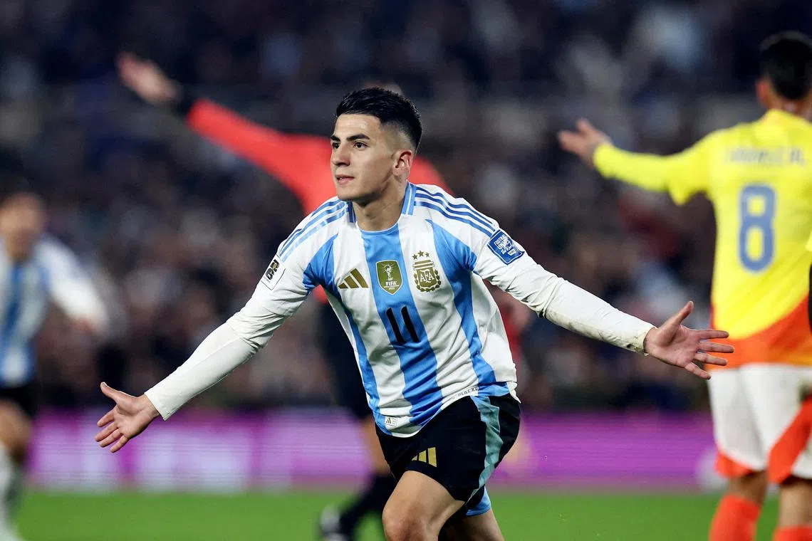 Soccer Football - World Cup - South American Qualifiers - Argentina v Colombia - Estadio Monumental, Buenos Aires, Argentina - June 10, 2025 Argentina's Thiago Almada celebrates scoring their first goal REUTERS/Agustin Marcarian/File photo
