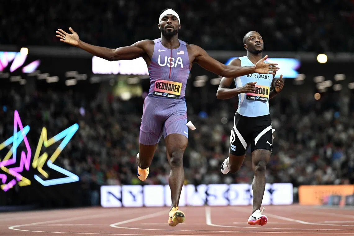 American Kenneth Bednarek celebrating his victory in the men’s 200m final on Sept 13.