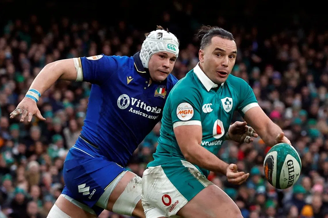 FILE PHOTO: Rugby Union - Six Nations Championship - Ireland v Italy - Aviva Stadium, Dublin, Ireland - February 14, 2026 Ireland's James Lowe in action with Italy's Manuel Zuliani REUTERS/Clodagh Kilcoyne/File Photo