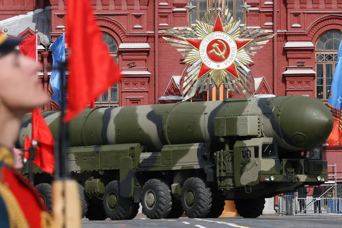 A 2008 photo shows a Russian Topol-M intercontinental ballistic missile on display in Red Square during Moscow's Victory Day Parade.