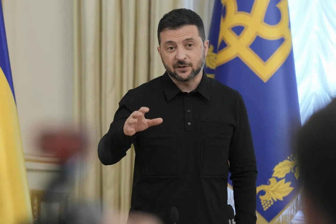 Ukrainian President Volodymyr Zelensky holding a briefing for journalists in Kyiv, Ukraine, on Sept 27.