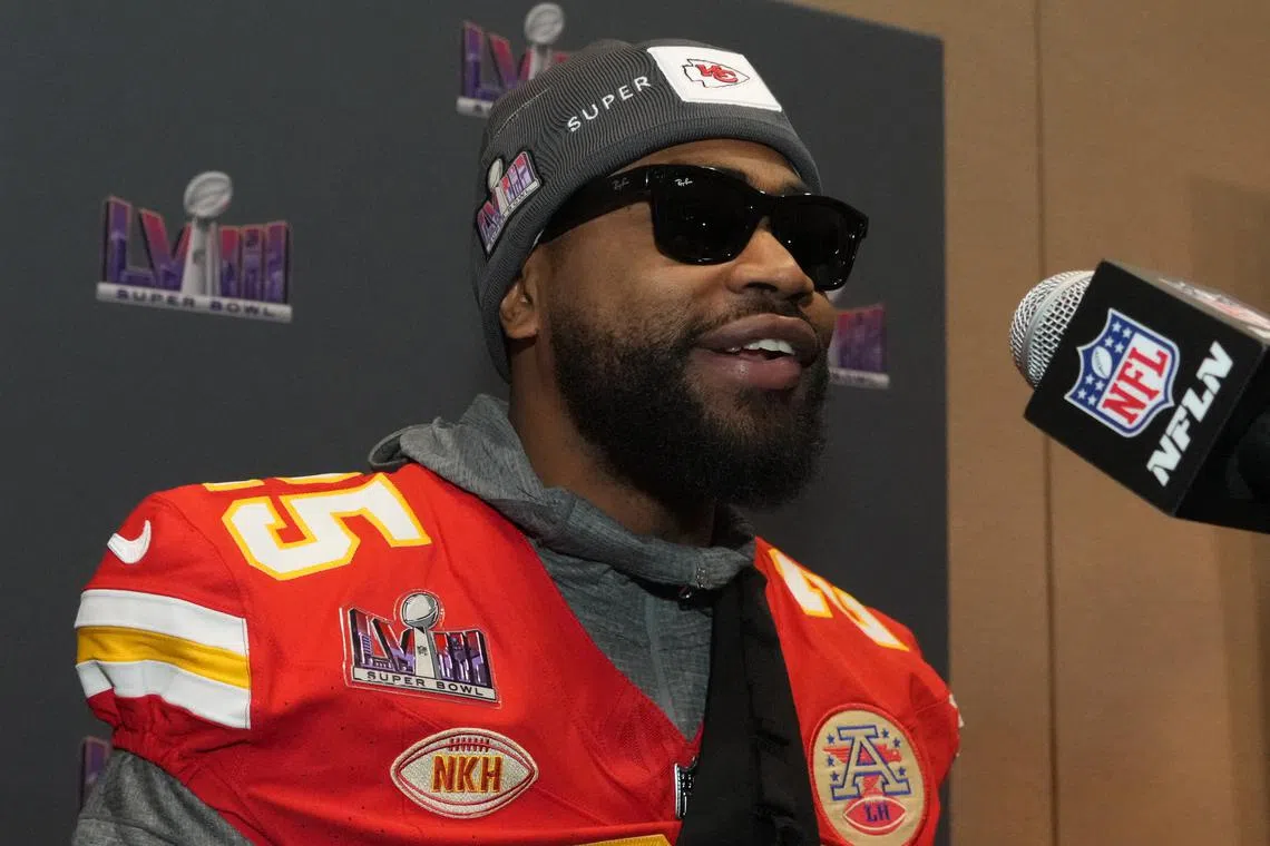 Feb 7, 2024; Las Vegas, NV, USA; Kansas City Chiefs running back Clyde Edwards-Helaire (25) during a press conference before Super Bowl LVIII at Westin Lake Las Vegas Resort and Spa. Kirby Lee-USA TODAY Sports/File Photo