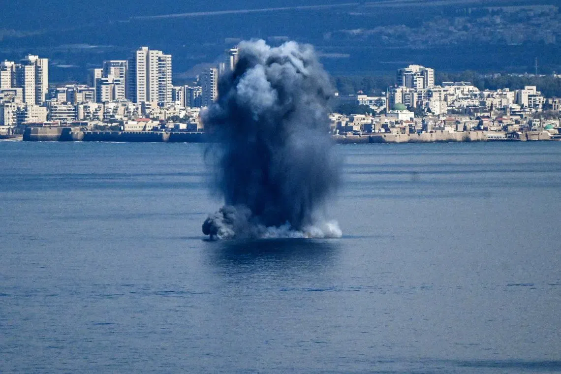 An explosion in the sea, after missiles were launched towards Israel from Iran following strikes by Israel and the U.S. on Iran, as seen from Haifa, northern Israel, February 28, 2026. REUTERS/Rami Shlush