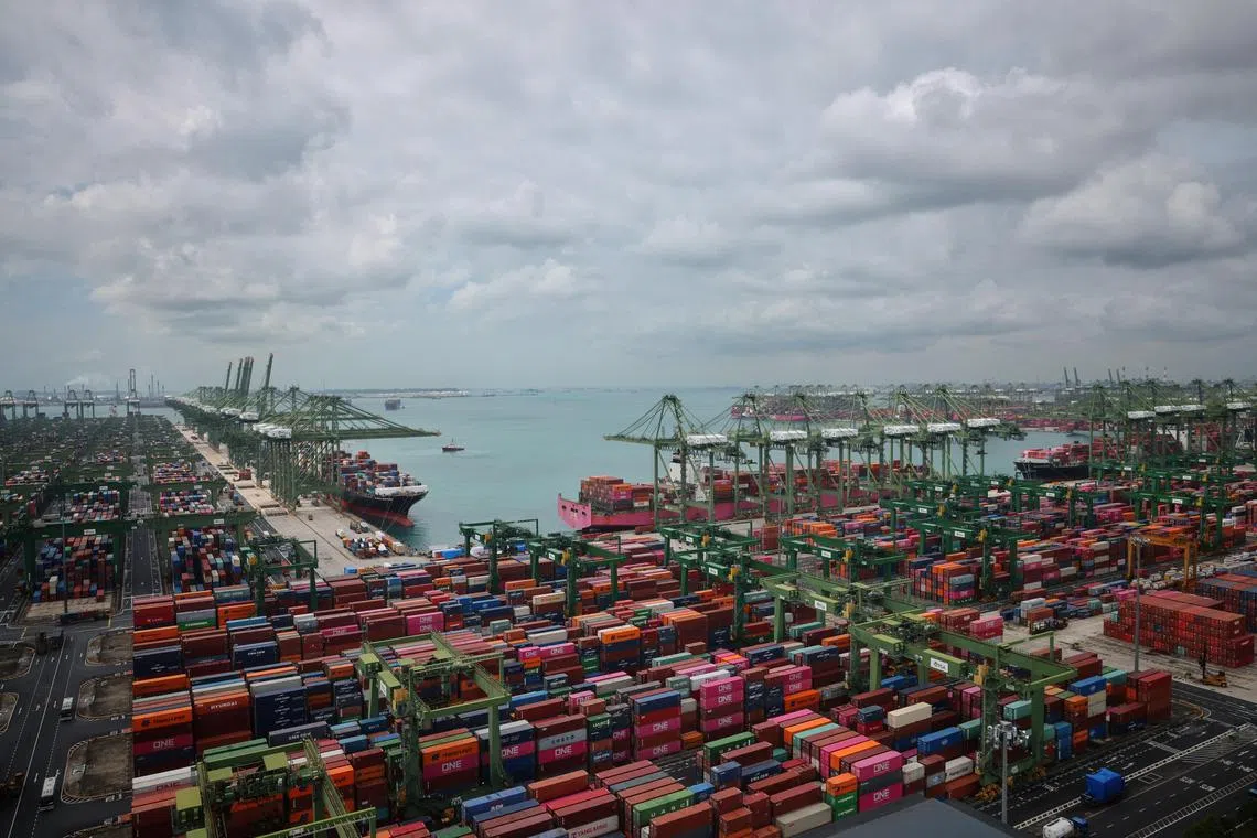 ST20231226_202386136875/pixmpa26/Esther Loo/Jason Quah

The One Olympus vessel (pink) docked at Pasir Panjang terminal on Dec 26, 2023. 
//
The Port of Singapore set a record of three billion gross tons (GT) in annual  vessel arrival tonnage.