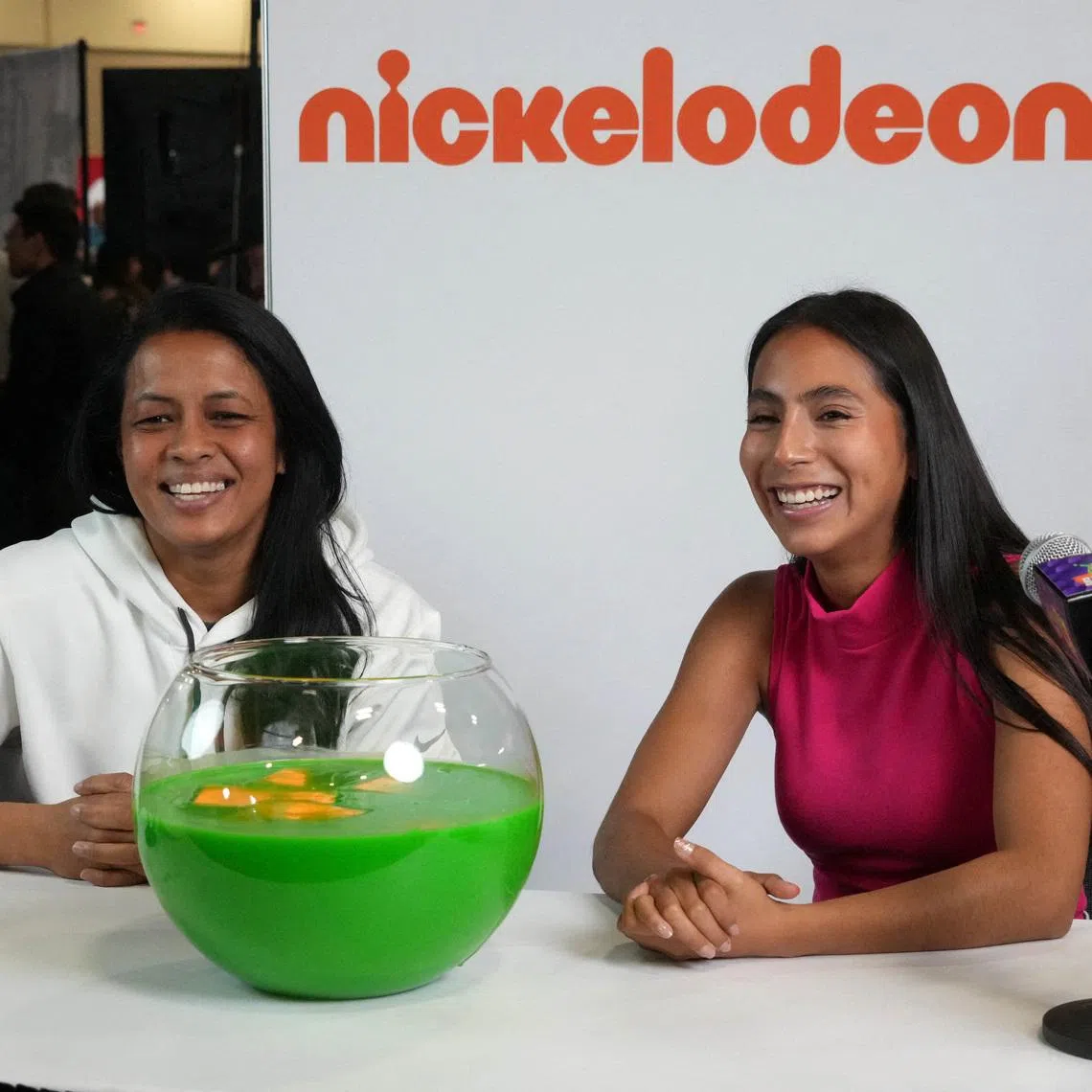 Pro Bowl Games NFC offensive coordinator Vanita Krouch (left) and AFC offensive coordinator Diana Flores on the Nickelodeon set on radio row at the Super Bowl LVII media center at the Phoenix Convention Center. Mandatory Credit: Kirby Lee-USA TODAY Sports/File Photo
