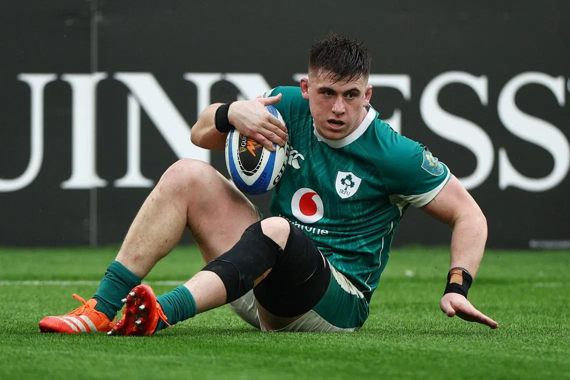 FILE PHOTO: Rugby Union - Six Nations Championship - Italy v Ireland - Stadio Olimpico, Rome, Italy - March 15, 2025 Ireland's Dan Sheehan scores a try to complete his hat-trick REUTERS/Guglielmo Mangiapane/File Photo