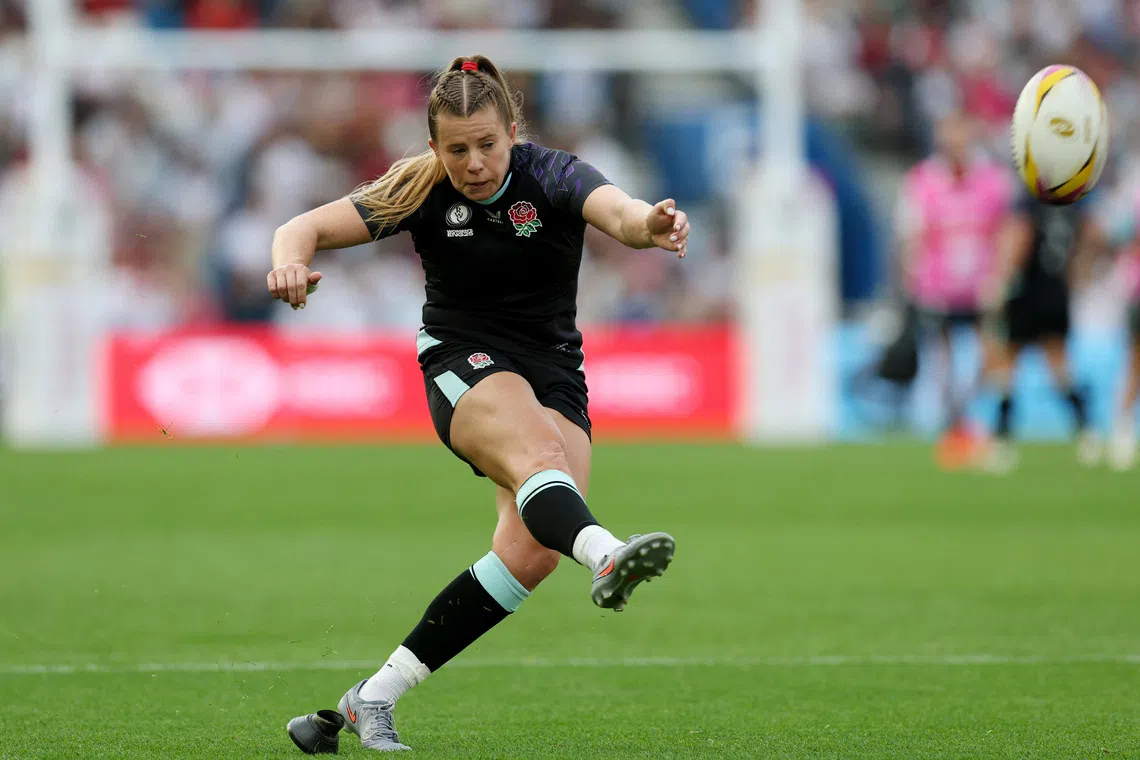 FILE PHOTO: Rugby Union - Women's World Cup 2025 - Pool A - England v Australia - The American Express Community Stadium, Brighton, Britain - September 6, 2025 England's Zoe Harrison scores a conversion kick Action Images via Reuters/Paul Childs/ File Photo