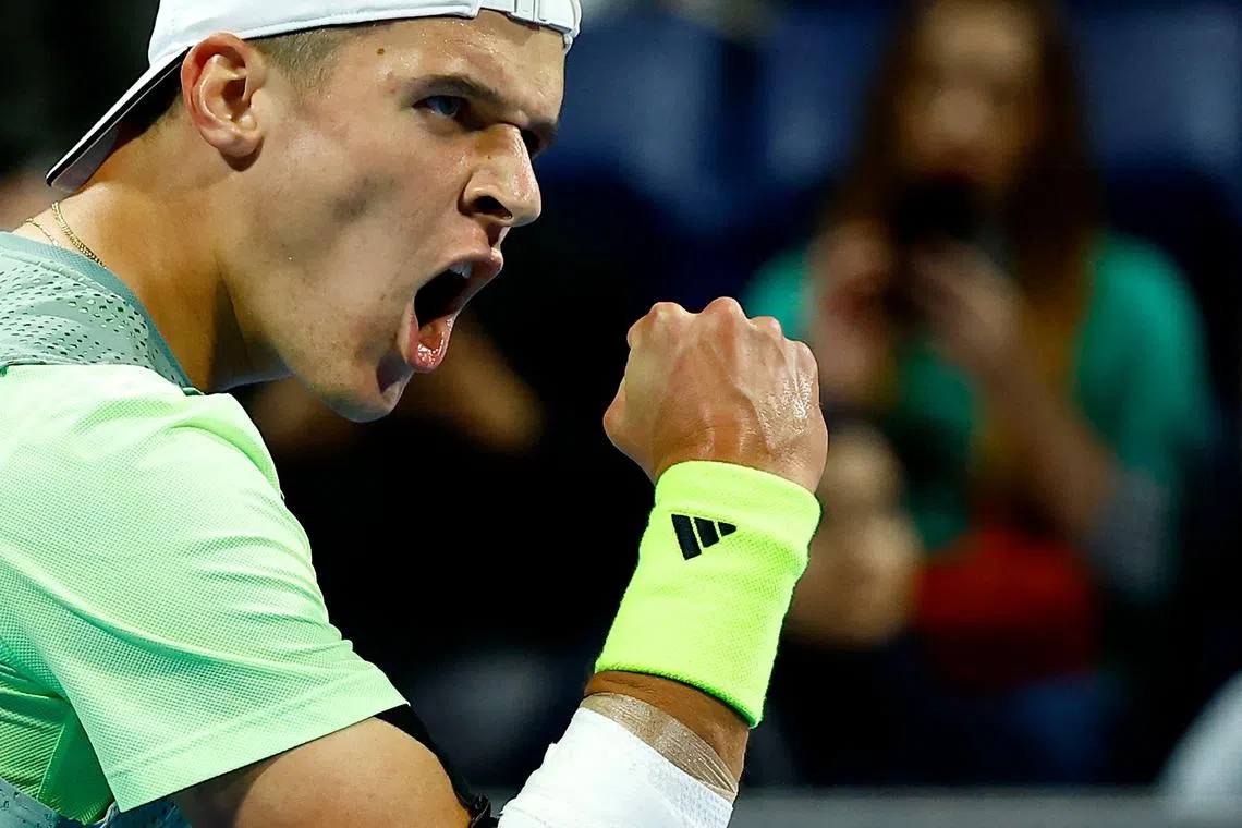 Czech Republic's Jakub Mensik celebrates a point against Andrey Rublev.