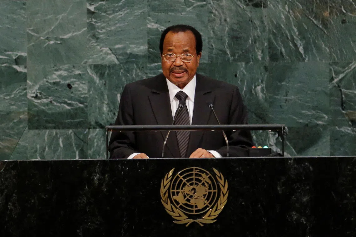 FILE PHOTO: President of Cameroon, Paul Biya, addresses the 72nd United Nations General Assembly at U.N. headquarters in New York, U.S., September 22, 2017. REUTERS/Lucas Jackson