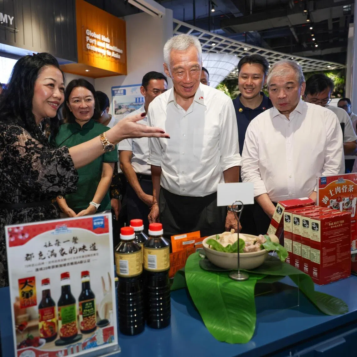 (Second from left): Peter Tan, Ambassador of Singapore to the People's Republic of China (partially blocked); China-ASEAN Mercantile Exchange president Bebe Zhao; Guangxi Vice Chairwoman Lu Xinning; Member of Parliament for Jalan Besar GRC Dr Wan Rizal (partially blocked); Senior Minister Lee Hsien Loong; Senior Parliamentary Secretary in the Ministry of Finance and the Ministry of Manpower Shawn Huang; and Teo Siong Seng, chairman of China-Singapore Nanning International Logistics Park (CSILP); touring Singapore pavilion at China - ASEAN Mercantile Exchange in Nanning Guangxi on May 19, 2026.