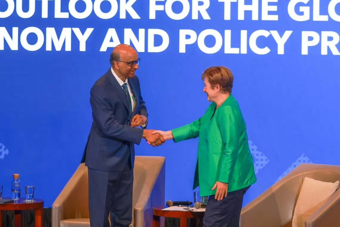 President Tharman Shanmugaratnam and IMF managing director Kristalina Georgieva after their fireside chat at the Lee Kuan Yew School of Public Policy on Oct 7.