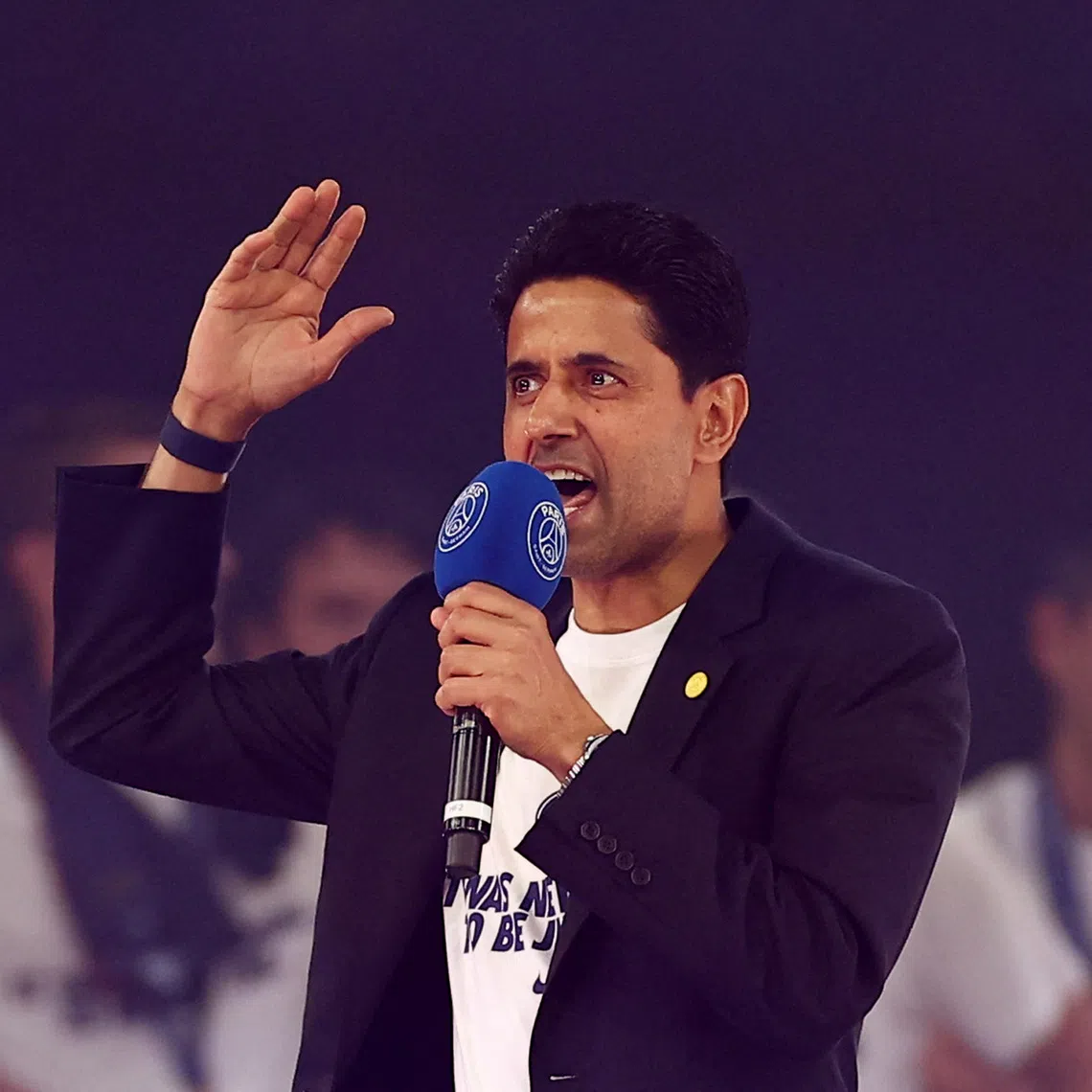 Soccer Football - UEFA Champions League - Paris St Germain celebrate winning the UEFA Champions League Final - Parc des Princes, Paris, France - May 31, 2026 Paris St Germain president Nasser al-Khelaifi talks to the fans after winning the UEFA Champions League Final REUTERS/Abdul Saboor