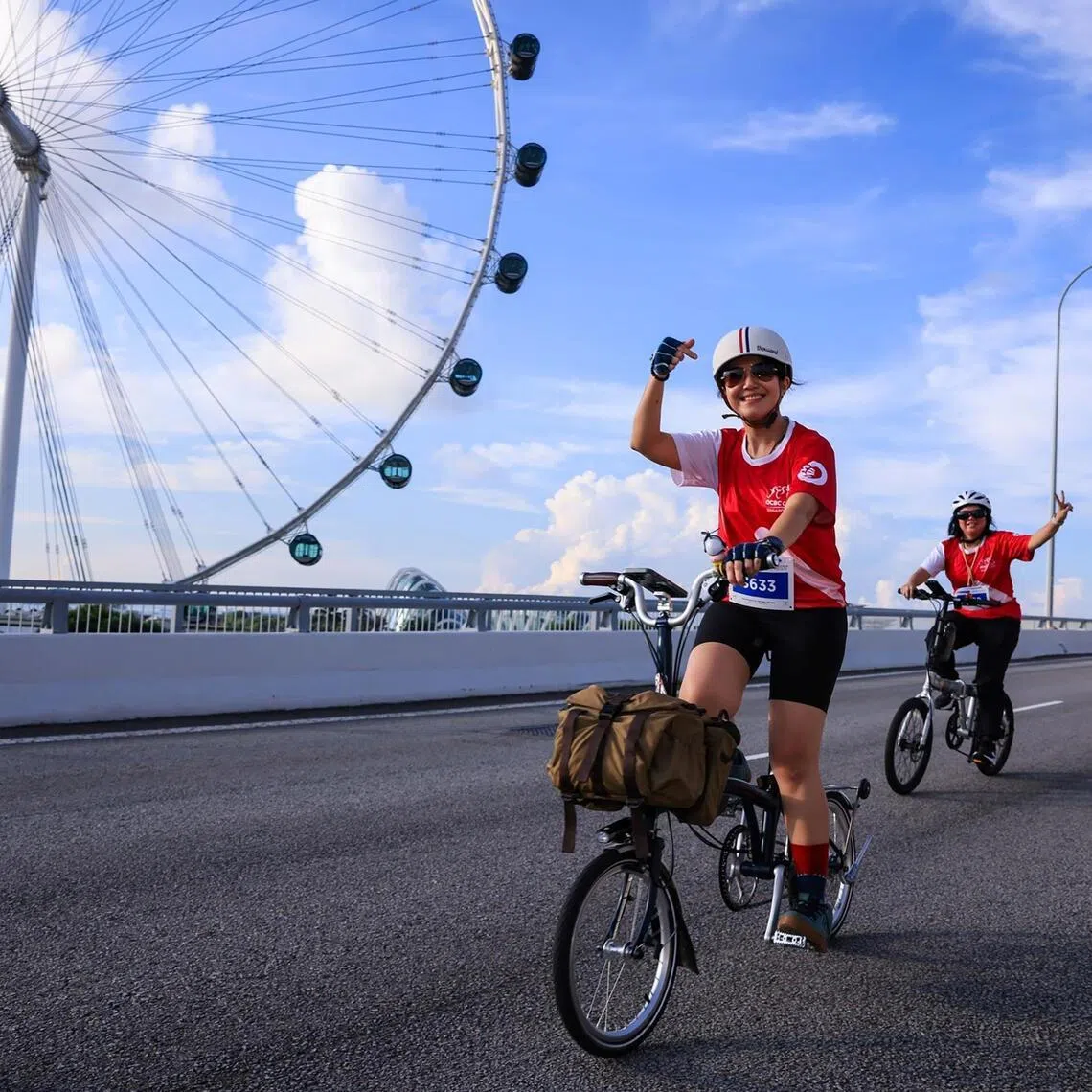 A participant cycling along the scenic route on Benjamin Sheares Bridge during the OCBC Cycle.