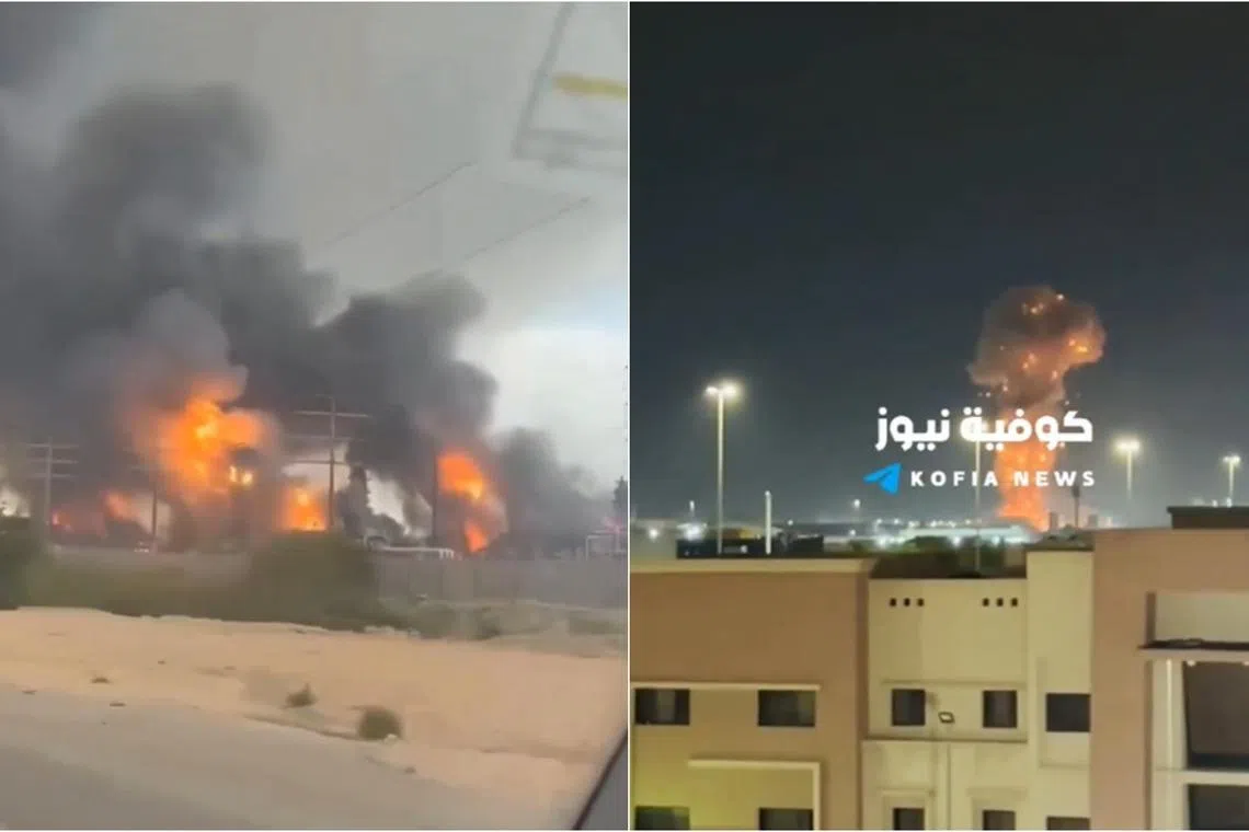 Screenshots from videos posted online are said to show the aftermath of an attack on Iran's Pars gas field (left) and a subsequent attack in Riyadh, Saudi Arabia.