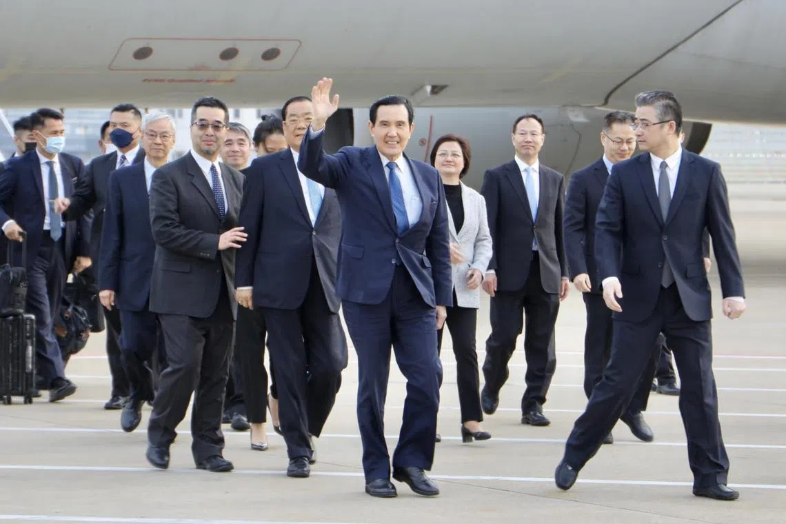 Taiwan's former President Ma Ying-jeou (centre) arriving at Shanghai's Pudong International airport, on March 27, 2023. 