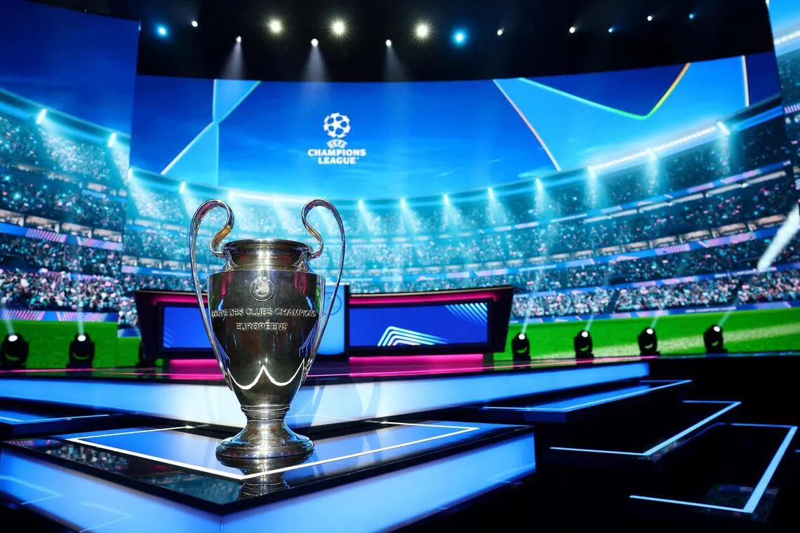 The Champions League trophy is displayed ahead of the draw at Grimaldi Forum in Monaco on Aug 28, 2025.