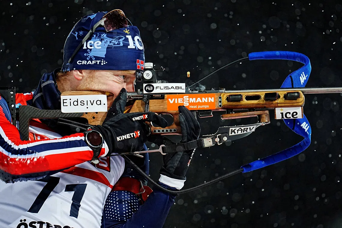FILE PHOTO: Biathlon - Biathlon World Cup - Oestersund, Sweden - December 6, 2025 Norway's Sivert Guttorm Bakken in action during the men's 10 km sprint Bjorn Larsson Rosvall/TT News Agency via REUTERS/File Photo