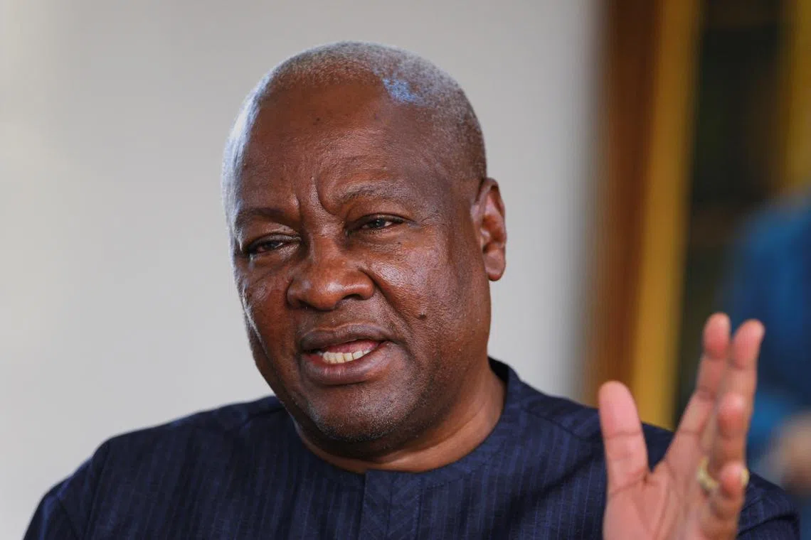FILE PHOTO: Ghana's President-elect John Dramani Mahama, 66, speaks with Reuters journalists in his office after general elections, in Accra, Ghana, December 13, 2024. REUTERS/Francis Kokoroko/File Photo
