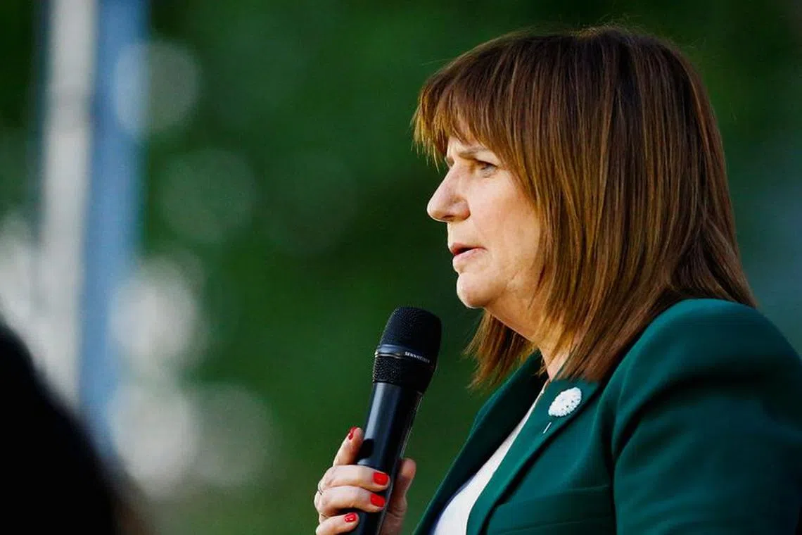 Argentina's presidential candidate Patricia Bullrich of Juntos por el Cambio party speaks during the closing event of her electoral campaign ahead of the October 22 general election, in Buenos Aires, Argentina October 19, 2023. REUTERS/Martin Cossarini/File Photo
