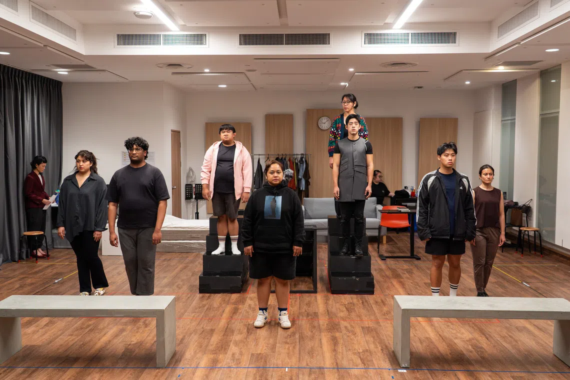 The play has a cast of nine that includes an ensemble that articulates Mrs Lim-Rodrigues’ inner thoughts.