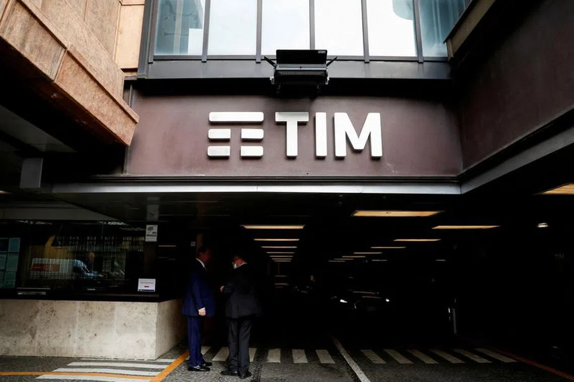 FILE PHOTO: The Tim logo is seen at its headquarters in Rome, Italy November 22, 2021. REUTERS/Yara Nardi/File Photo