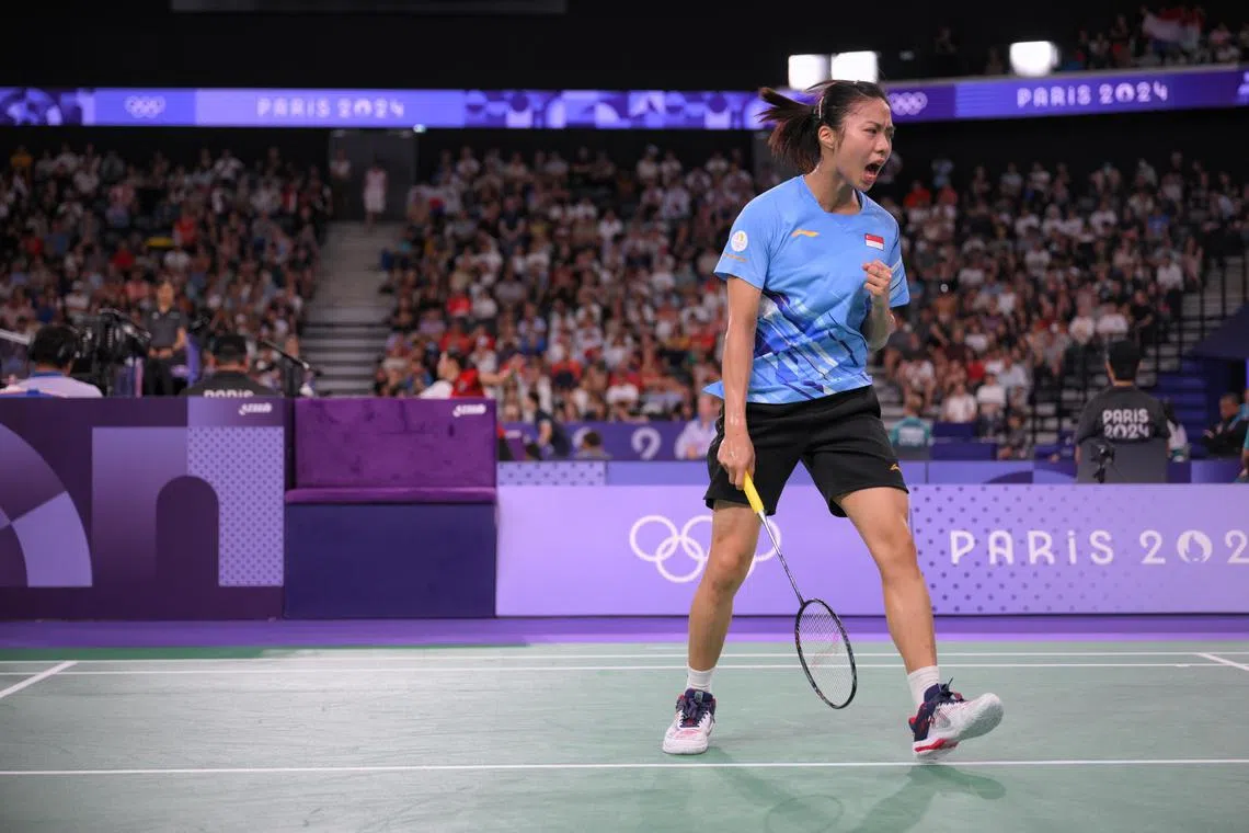 Singaporean shuttler Yeo Jia Min reacts during her match against Aya Ohori of Japan during the Paris 2024 Olympic Women's Round of 16 match at the Porte de la Chapelle Arena on August 1, 2024.