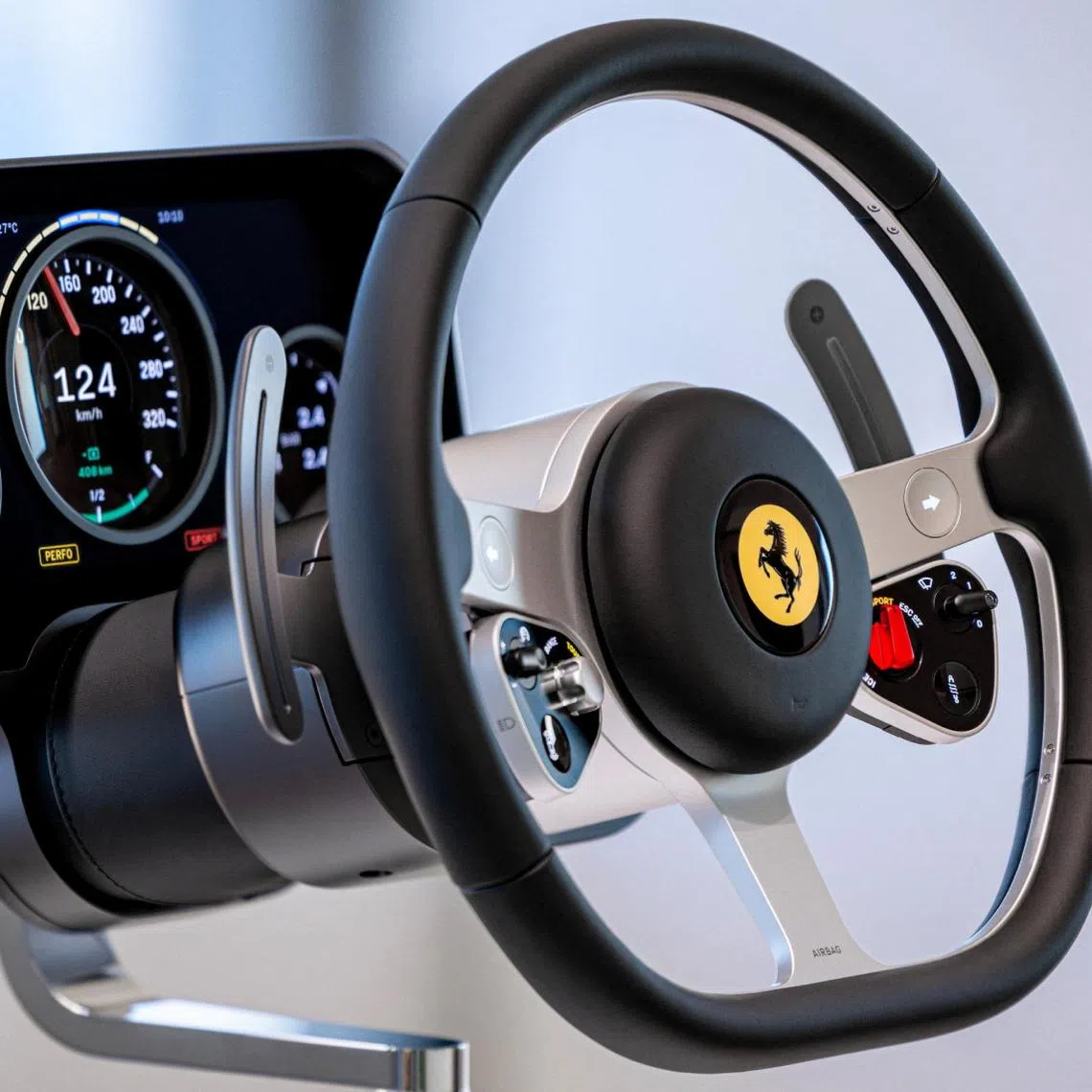 The steering assembly of the Luce, Ferrari’s first fully electric supercar, is seen in this undated handout image.