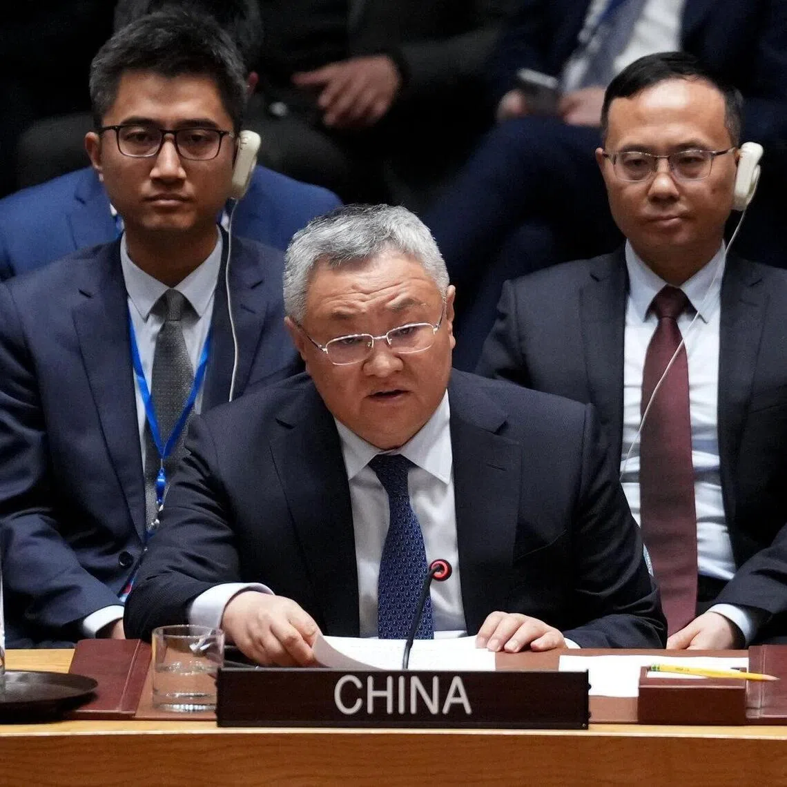 Fu Cong, China's permanent representative to the United Nations, during a United Nations (UN) Security Council meeting in New York, US, on Saturday, Feb. 28, 2026. Ayatollah Ali Khamenei, the supreme leader of Iran who dominated every aspect of the country for more than three decades as it faced off with the West, was killed Saturday after the US and Israel launched airstrikes on Iran, according to President Donald Trump. Photographer: Adam Gray/Bloomberg