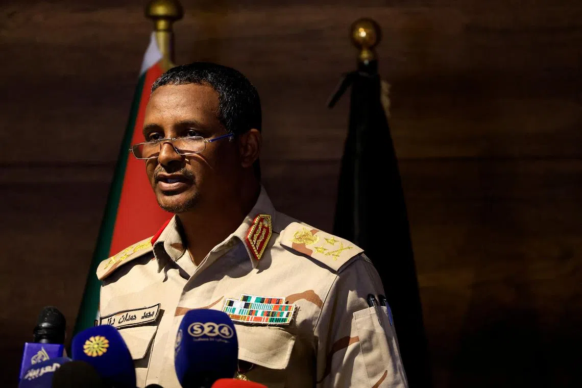 FILE PHOTO: Deputy head of Sudan's sovereign council General Mohamed Hamdan Dagalo speaks during a press conference at Rapid Support Forces head quarter in Khartoum, Sudan February 19, 2023. REUTERS/Mohamed Nureldin Abdallah/File Photo