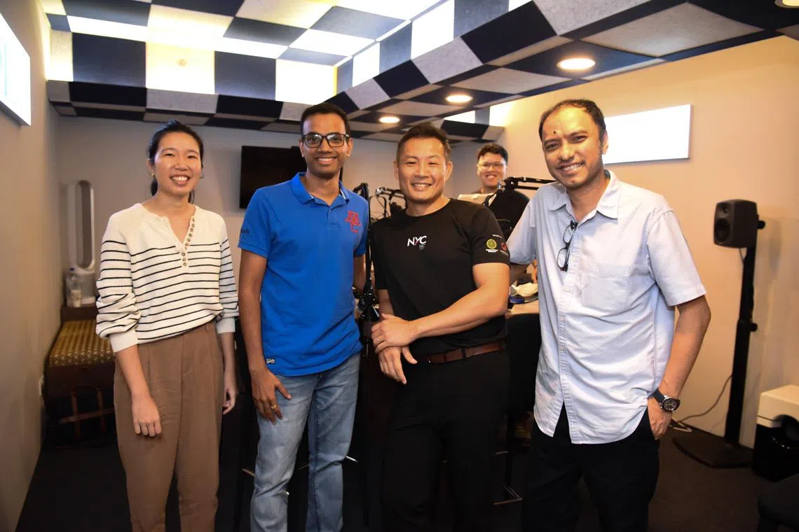 (From left) Ms Pek Hailin, senior manager, Sustainability (Estates), at SIT, Mr Chirag Agarwal, co-founder of Talk Your Heart Out, Mr David Chua, CEO of National Youth Council, Hadyu Rahim (back), ST's podcast producer and Ernest Luis, podcast editor. 
