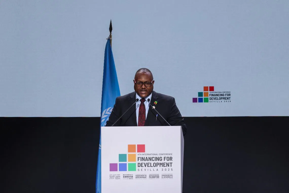 Mulambo Haimbe, Zambian Foreign Minister, speaks during the 4th International Conference on Financing for Development, in Seville, Spain, July 1, 2025. REUTERS/Claudia Greco/File Photo