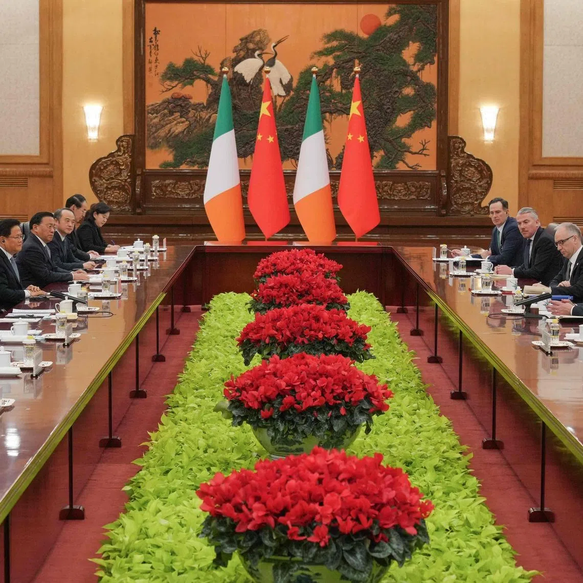 Ireland's Prime Minister Micheal Martin (second from right) and China's President Xi Jinping (third from left) during a bilateral meeting in Beijing on Jan 5.