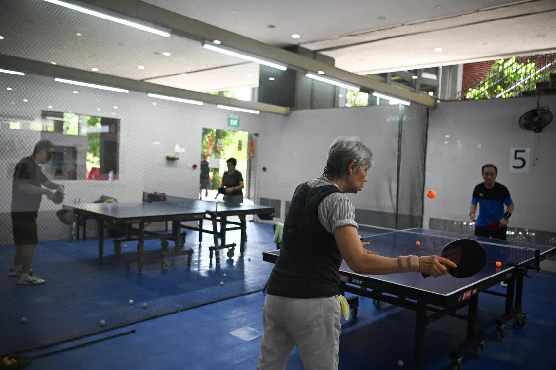 ST20230216-202353087838-Lim Yaohui-pixgenerics/
Seniors playing table tennis at Pasir Ris Sport Centre on Feb 16, 2023.
Pasir Ris Sport Centre, formerly known as Paris Ris Sport and Recreation Centre, features a comprehensive range of sport facilities with a diverse retail mix to provide an all rounded experience for guests.
Can be used for stories on old age, elderly, money, CPF, budget, healthcare, health, population, ageing and active ageing, exercise, sport, and healthy lifestyle.
(ST PHOTO: LIM YAOHUI)
