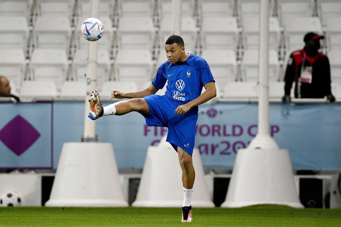 France forward Kylian Mbappe during a training session. He is a key player for the World Cup quarter-final clash against England.