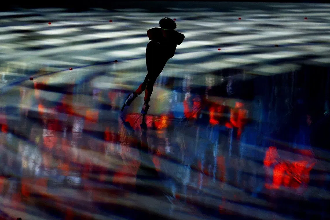 Hanbin Liu of China warming up ahead of his race in the Men's 1500m at the Milano Cortina 2026 Olympics, at the Milano Speed Skating Stadium, in Milan, Italy, on Feb 19, 2026.