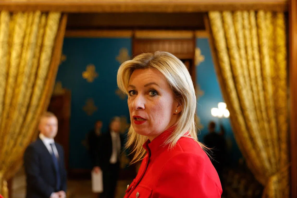 FILE PHOTO: Spokeswoman of Russia's Foreign Ministry Maria Zakharova speaks to the media after a joint press conference of Russian Foreign Minister Sergei Lavrov and OSCE Secretary General Feridun Sinirlioglu in Moscow, Russia March 11, 2025. REUTERS/Maxim Shemetov/Pool/File Photo