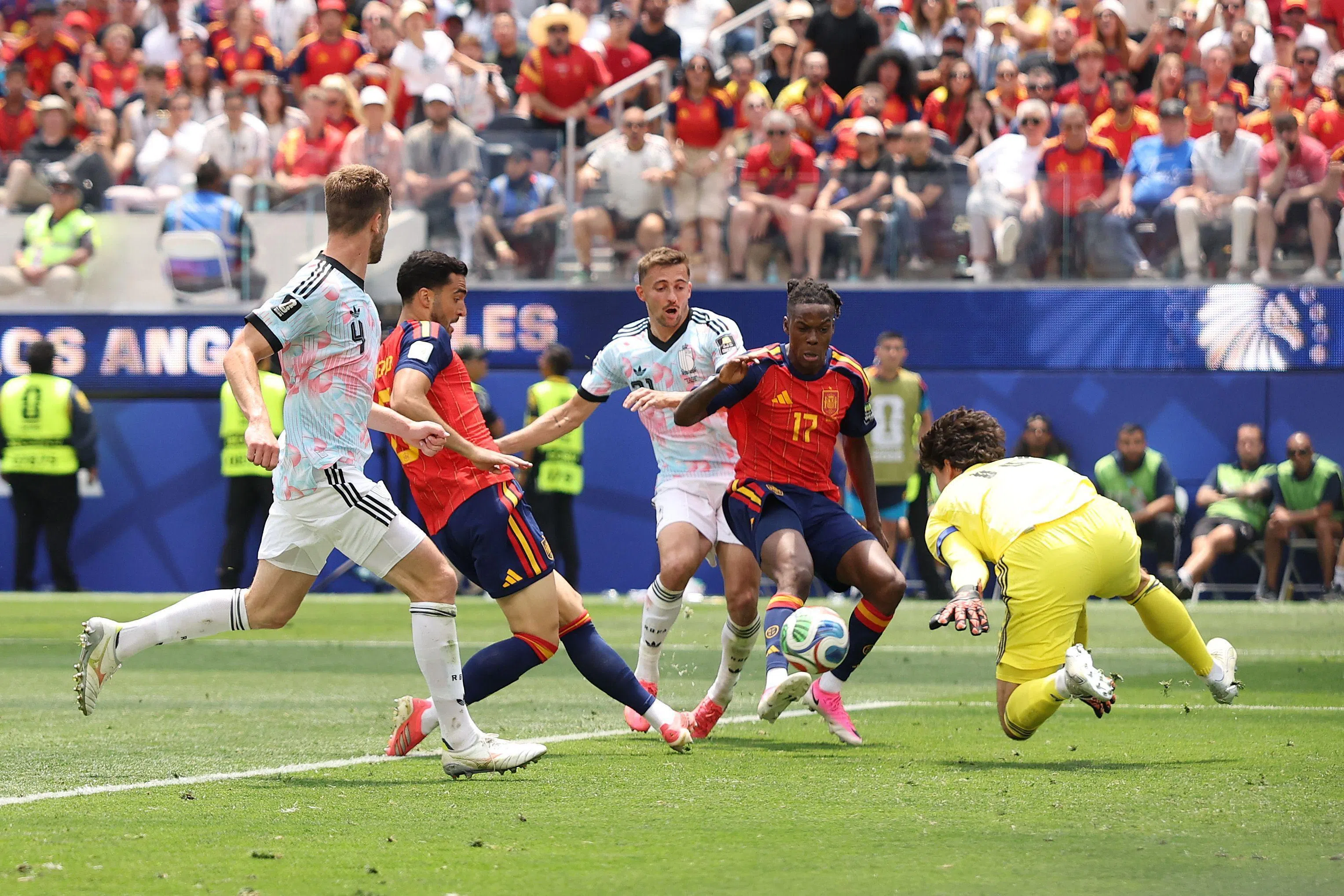 INGLEWOOD, CALIFORNIA - JULY 10: Mikel Merino #6 of Spain scores his team's second goal past Senne Lammens #12 of Belgium during the FIFA World Cup 2026 Quarter Final match between Spain and Belgium at Los Angeles Stadium on July 10, 2026 in Inglewood, California.   Florencia Tan Jun/Getty Images/AFP (Photo by Florencia Tan Jun / GETTY IMAGES NORTH AMERICA / Getty Images via AFP)