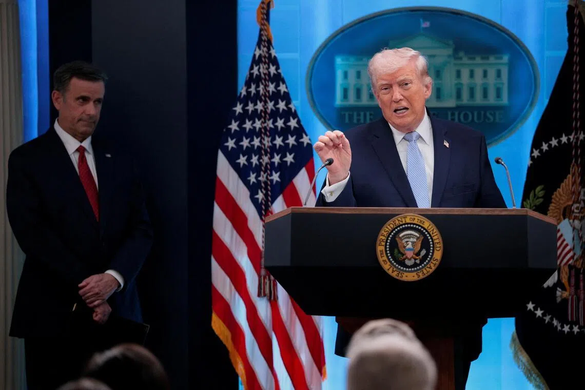 US President Donald Trump speaking at a press briefing on the US-Israel war on Iran at the White House on April 6.
