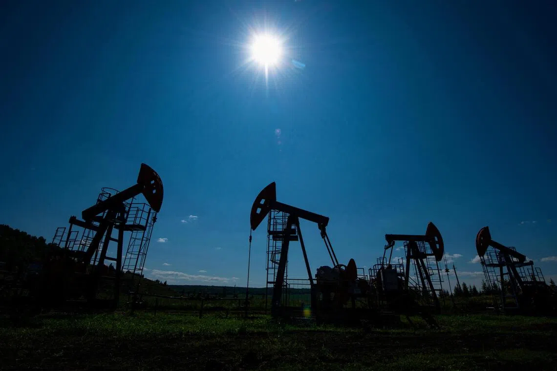Oil pump jacks outside Almetyevsk, in the Republic of Tatarstan, Russia on July 14, 2025.