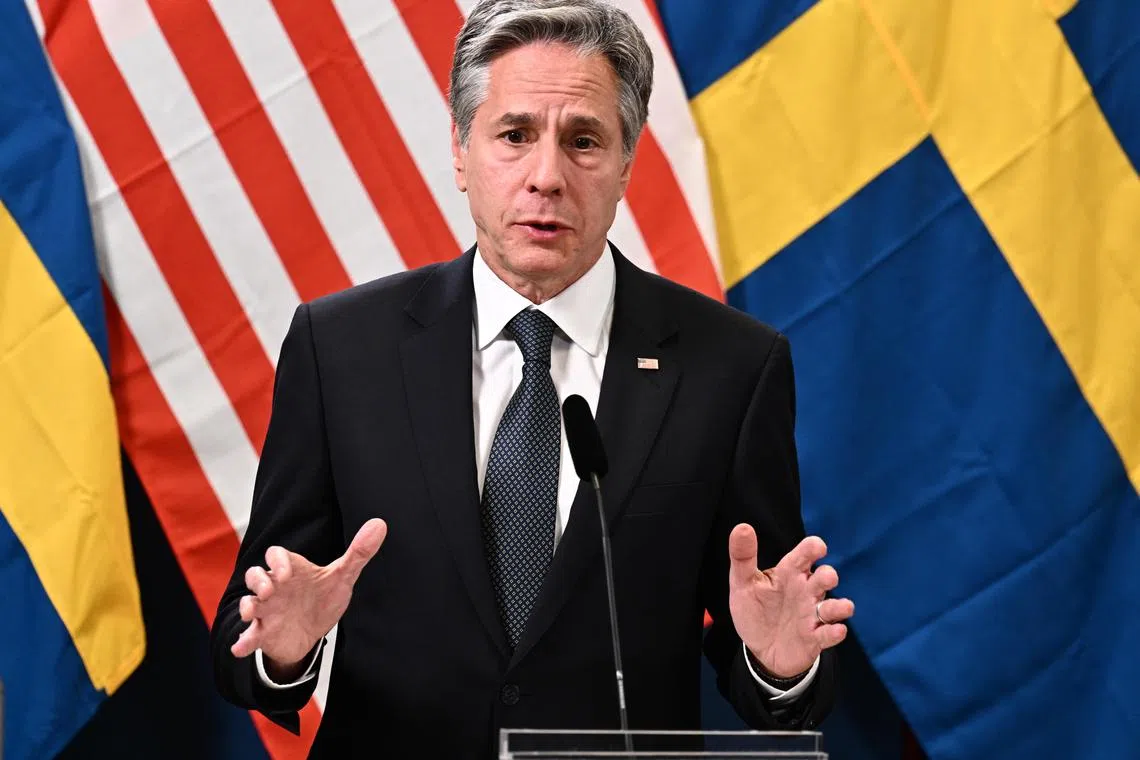 US Secretary of State Antony Blinken talks to reporters during a visit to Lulea, Sweden, on May 30, 2023.
