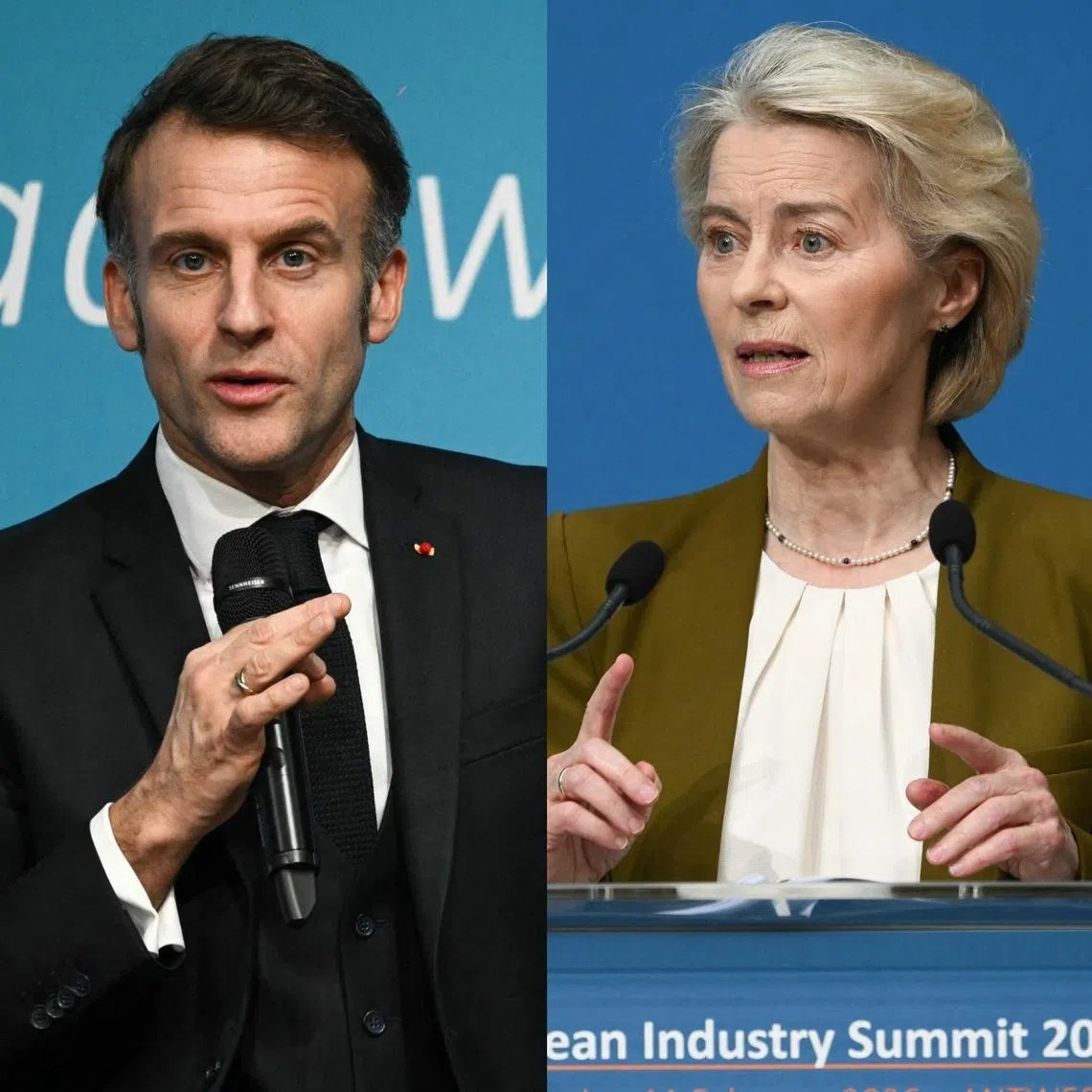 (From left) French President Emmanuel Macron, European Commission president Ursula von der Leyen and German Chancellor Friedrich Merz speaking at the European Industry Summit in Antwerp on Feb 11.