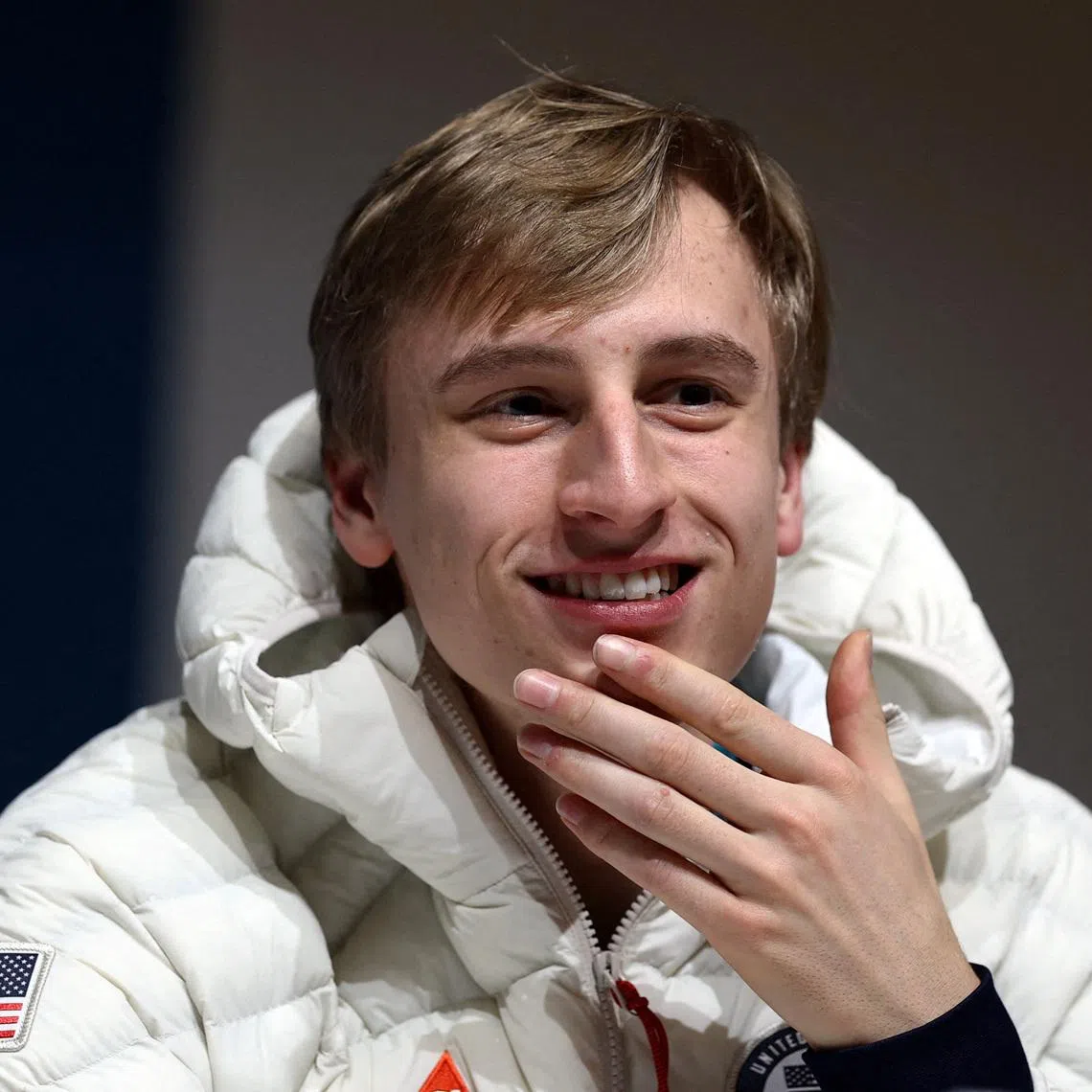 FILE PHOTO: Milano Cortina 2026 Winter Olympics - Speed Skating - United States team press conference - Main Press Centre, Milan, Italy - February 4, 2026 Jordan Stolz of United States during the press conference REUTERS/Yves Herman/File Photo