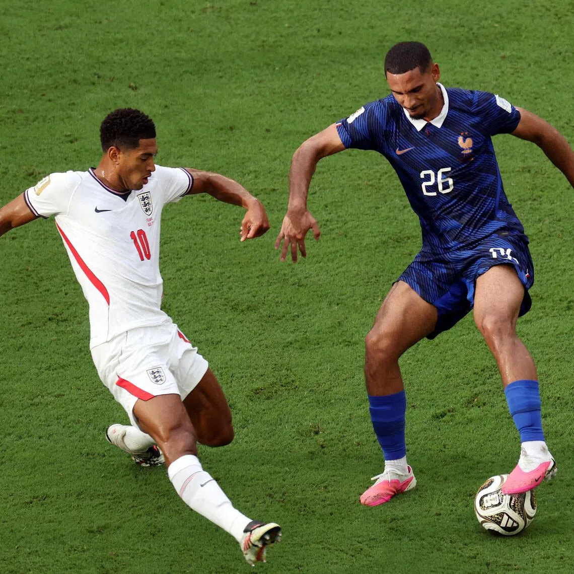 France defender Maxence Lacroix shielding the ball from England midfielder Jude Bellingham in the World Cup third-place play-off in Miami on July 18. England won 6-4.