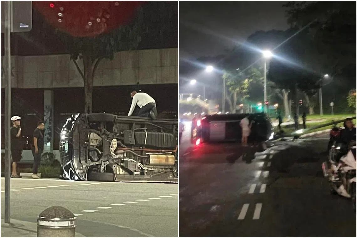 A car and a taxi were involved in an accident at the junction of Cecil Street and Cross Street (left), while a car is believed to have skidded in Upper Bukit Timah Road.
