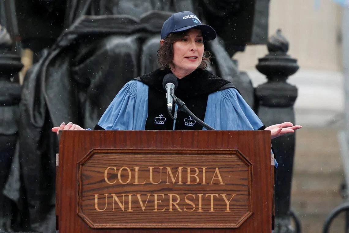 FILE PHOTO: Columbia University President Claire Shipman speaks during Columbia University commencement ceremony on Columbia's main campus, in Manhattan, New York City, U.S., May 21, 2025. REUTERS/Jeenah Moon/Pool/File Photo