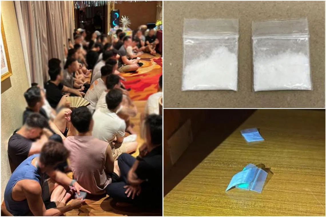 The men were nabbed in a drug bust, in which CNB seized substances suspected to be controlled drugs, as well as drug paraphernalia.