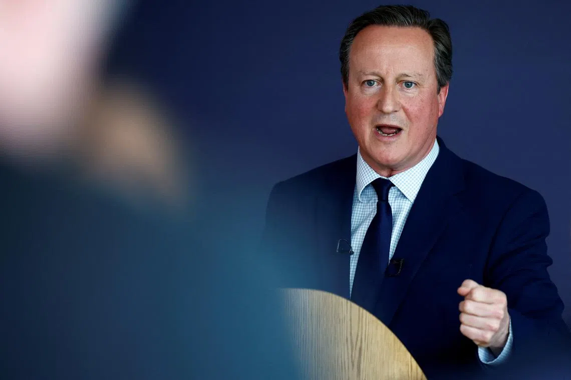 FILE PHOTO: Britain's Foreign Secretary David Cameron delivers a speech at the National Cyber Security Centre in London, Britain, on May 9, 2024.     BENJAMIN CREMEL/Pool via REUTERS/File Photo